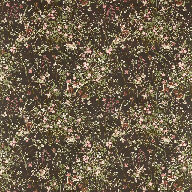 Dark chocolate botanical fabric with small deer, blossoms and leafy stems