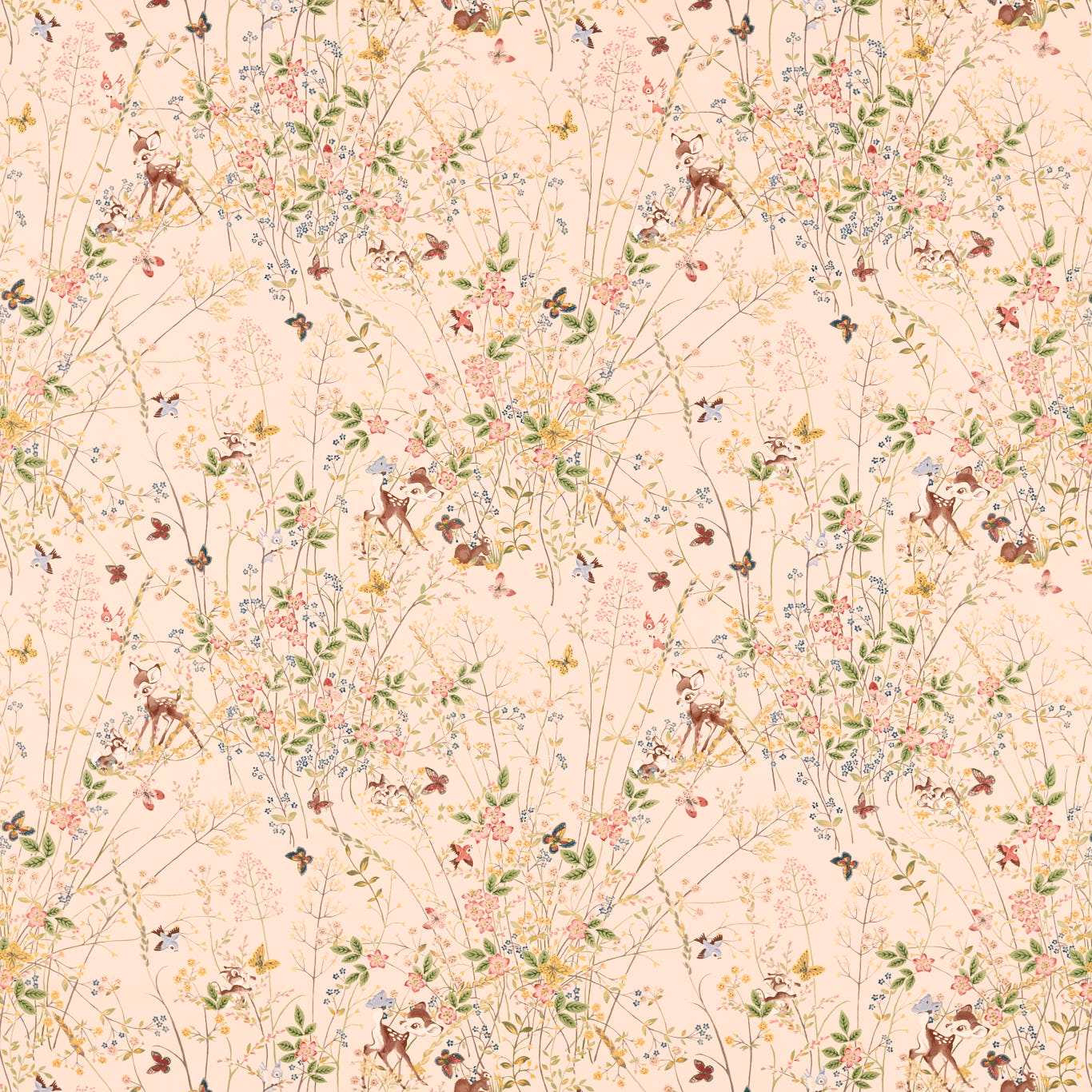 Blush cream floral woodland fabric with deer, butterflies and fine trailing stems