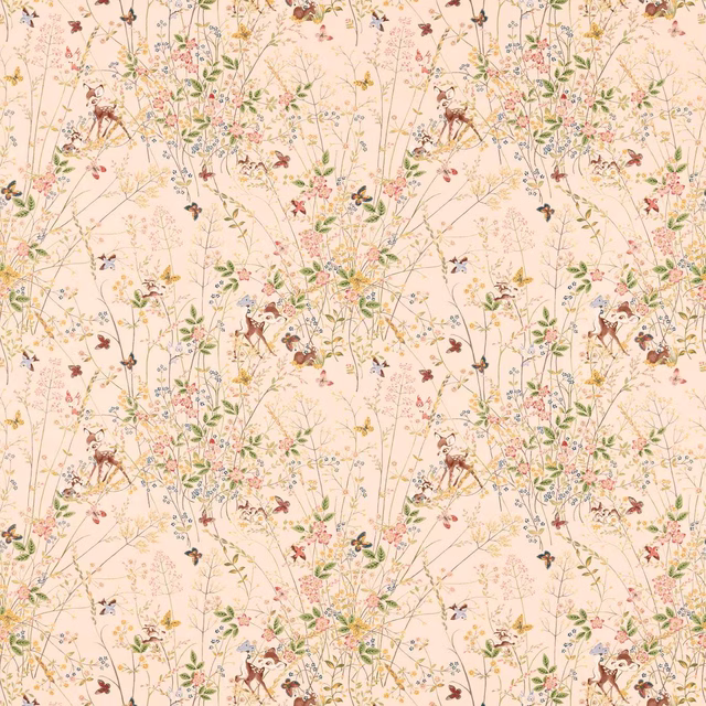 Blush cream floral woodland fabric with deer, butterflies and fine trailing stems