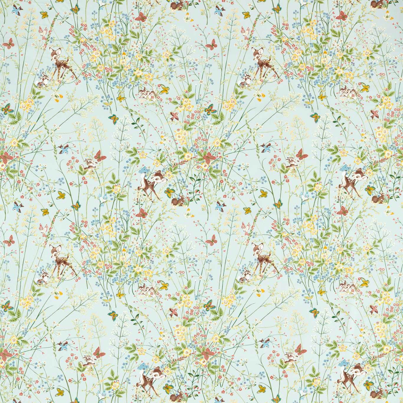 Pale blue printed fabric with fawns, butterflies and climbing wildflowers
