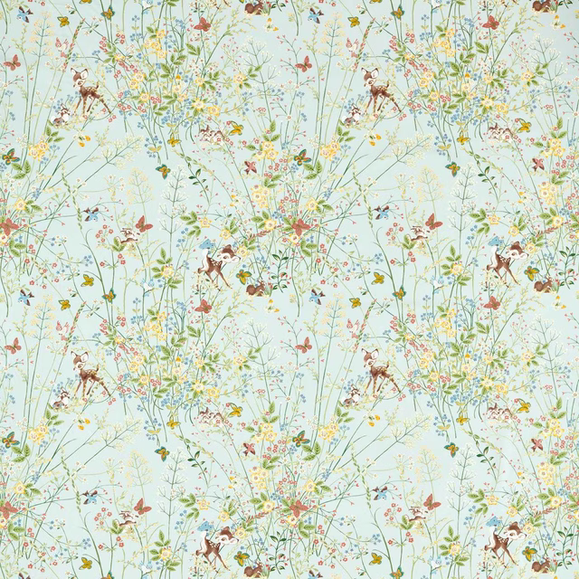 Pale blue printed fabric with fawns, butterflies and climbing wildflowers