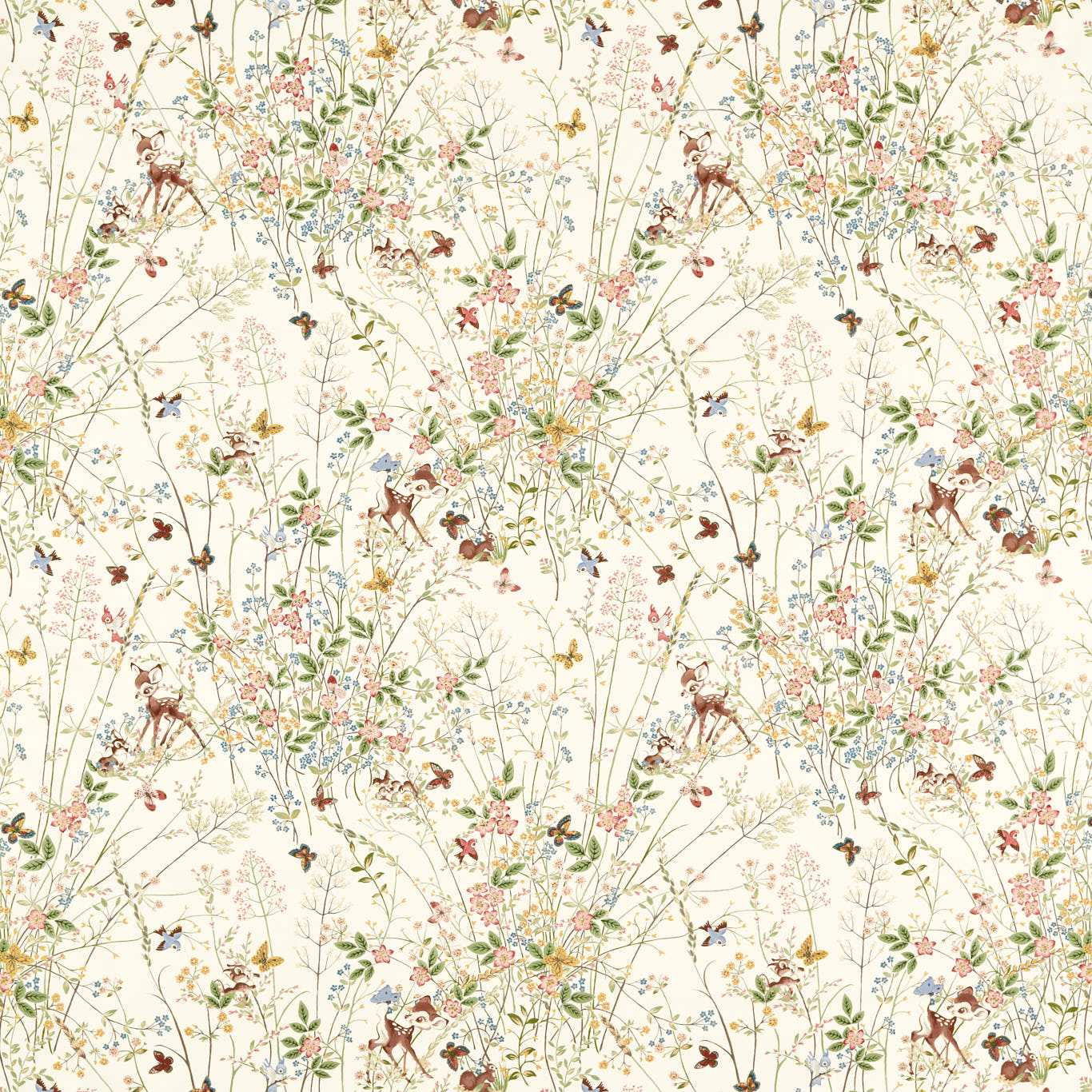 Woodland print fabric on warm cream ground with deer, flowers and trailing branches
