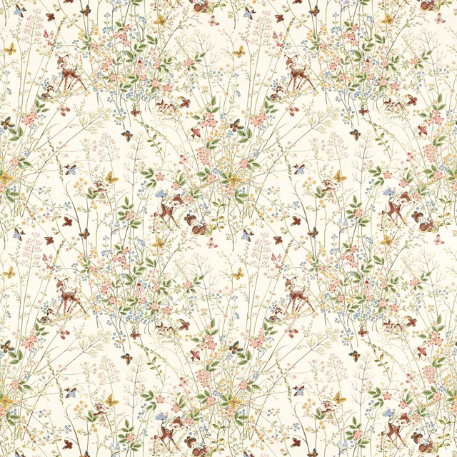 Woodland print fabric on warm cream ground with deer, flowers and trailing branches
