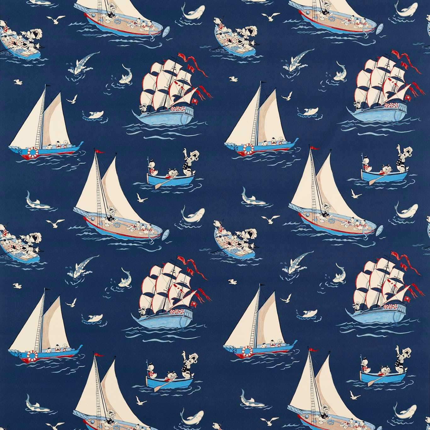 Navy printed fabric with sailing boats, birds and red accents