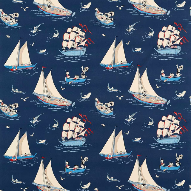 Navy printed fabric with sailing boats, birds and red accents