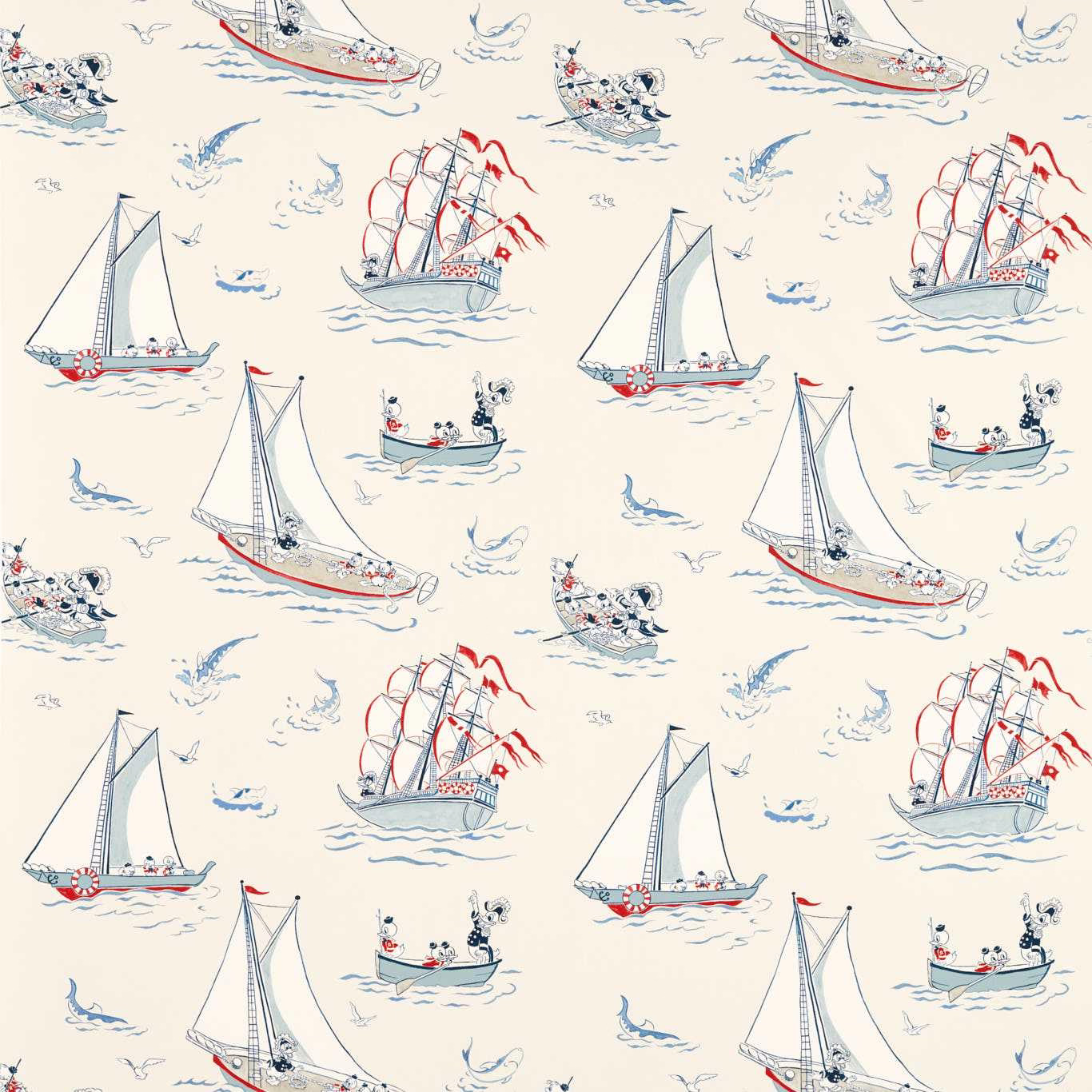 Cream nautical fabric with sailboats, gulls and red and blue sketch motifs
