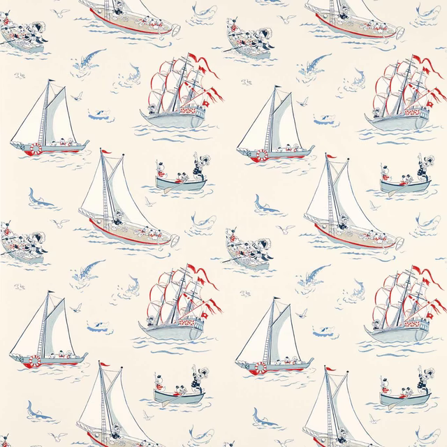 Cream nautical fabric with sailboats, gulls and red and blue sketch motifs