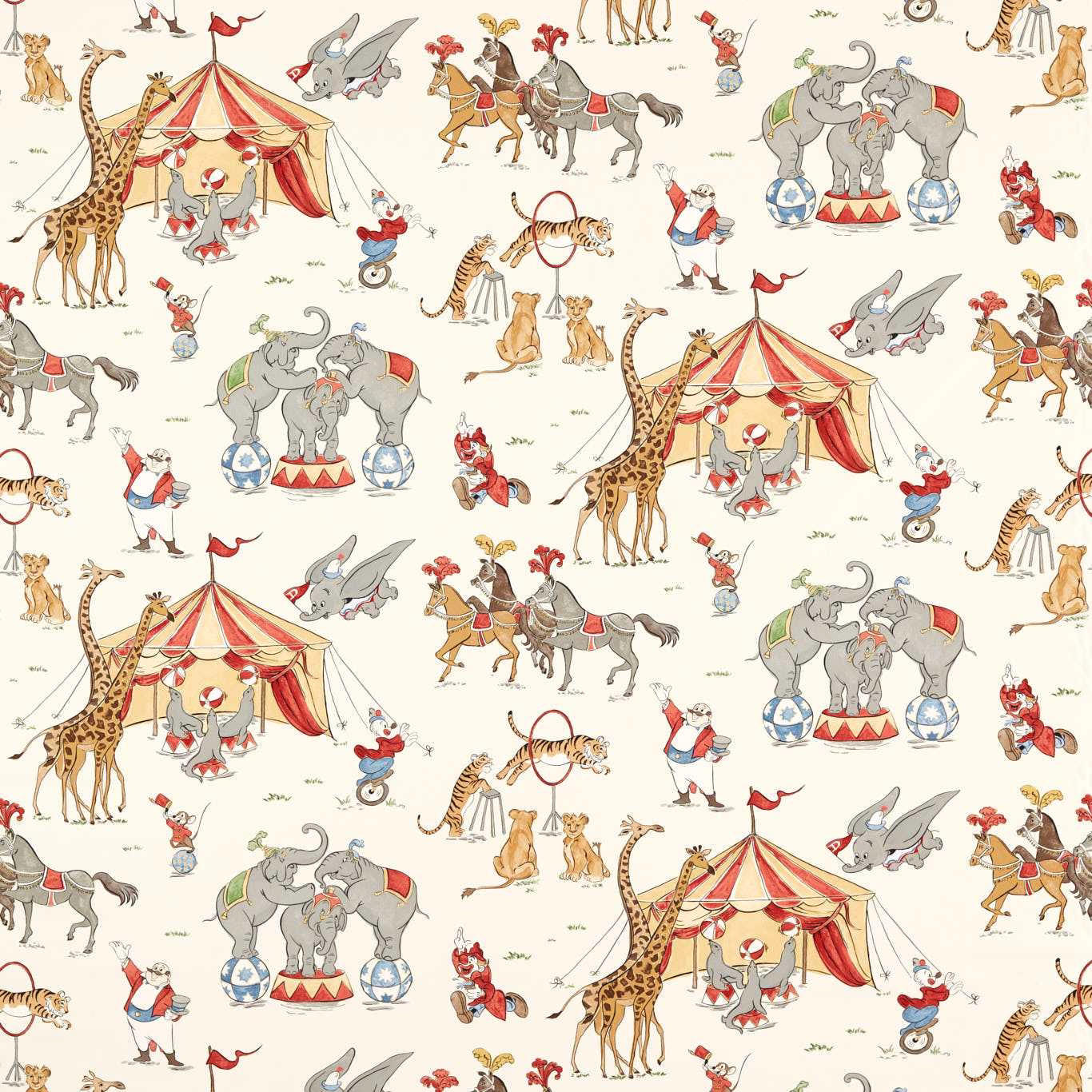 Cream fabric swatch with colourful Dumbo circus characters and striped tents