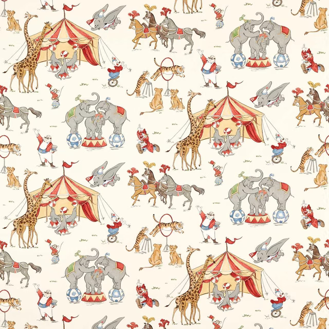 Cream fabric swatch with colourful Dumbo circus characters and striped tents