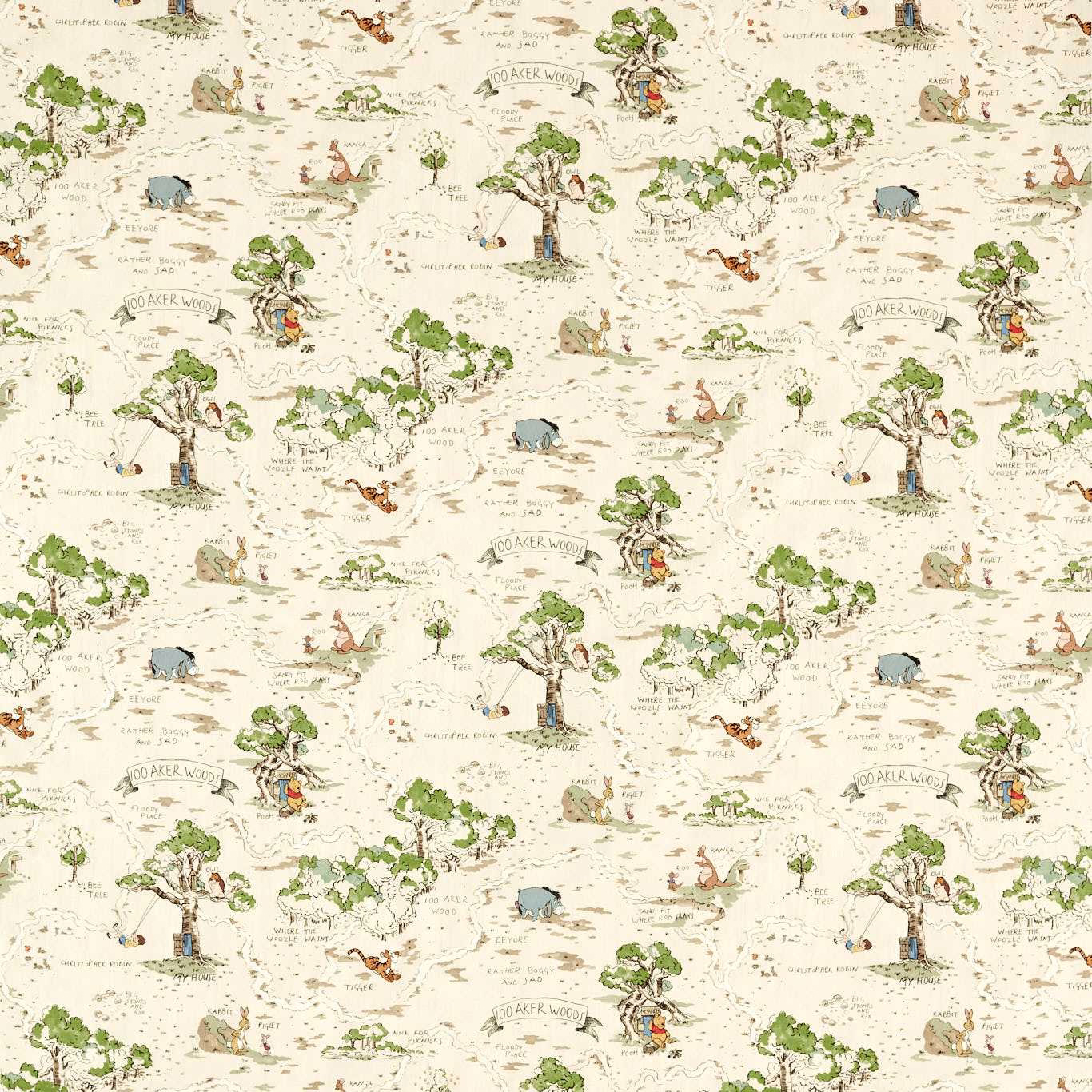 Cream printed fabric with Winnie the Pooh woodland scene and green trees