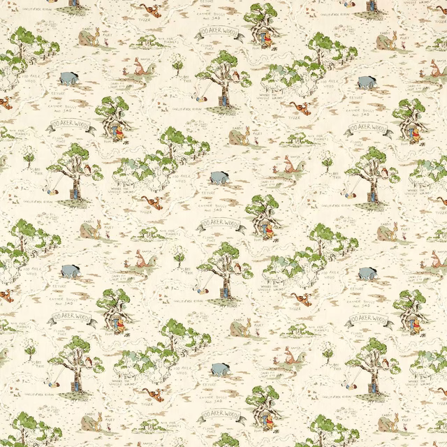 Cream printed fabric with Winnie the Pooh woodland scene and green trees