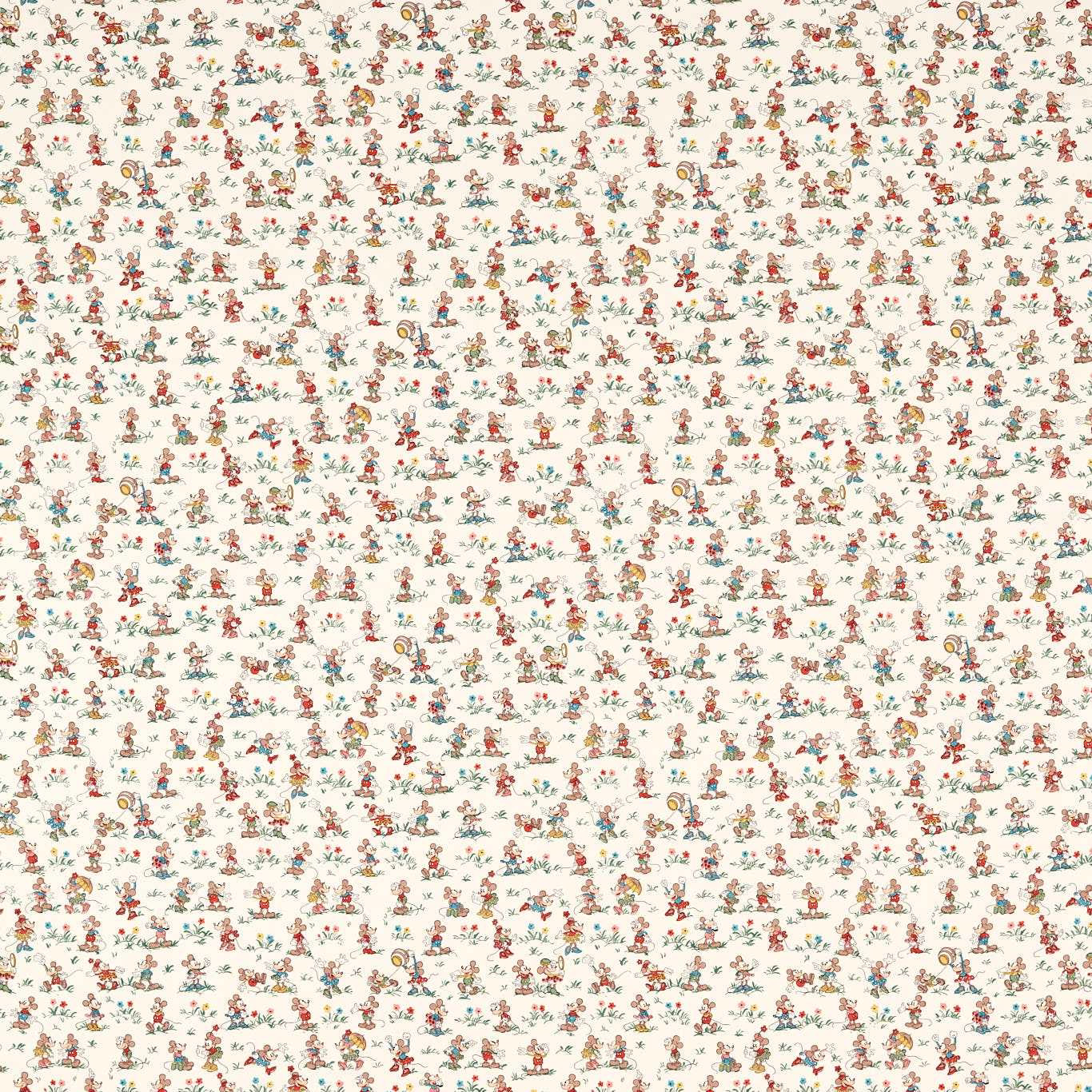 Cream fabric covered in tiny multicoloured Mickey and Minnie all-over print