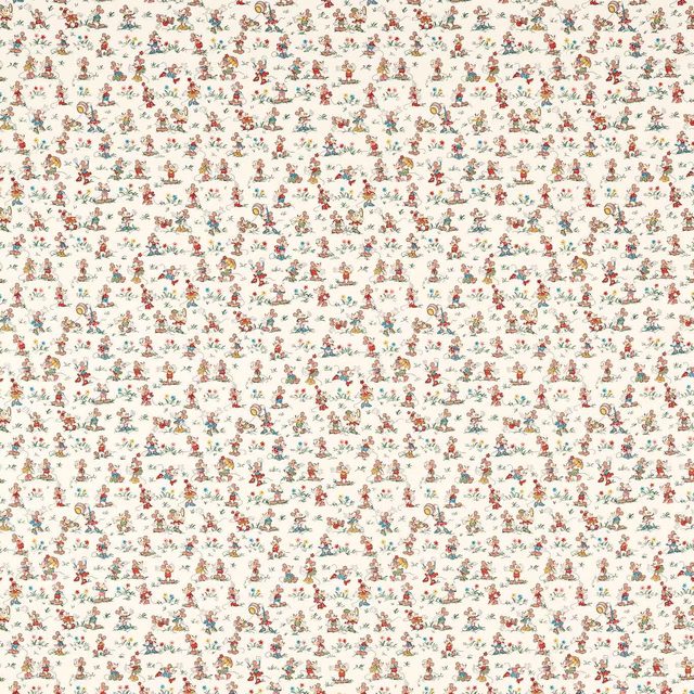 Cream fabric covered in tiny multicoloured Mickey and Minnie all-over print