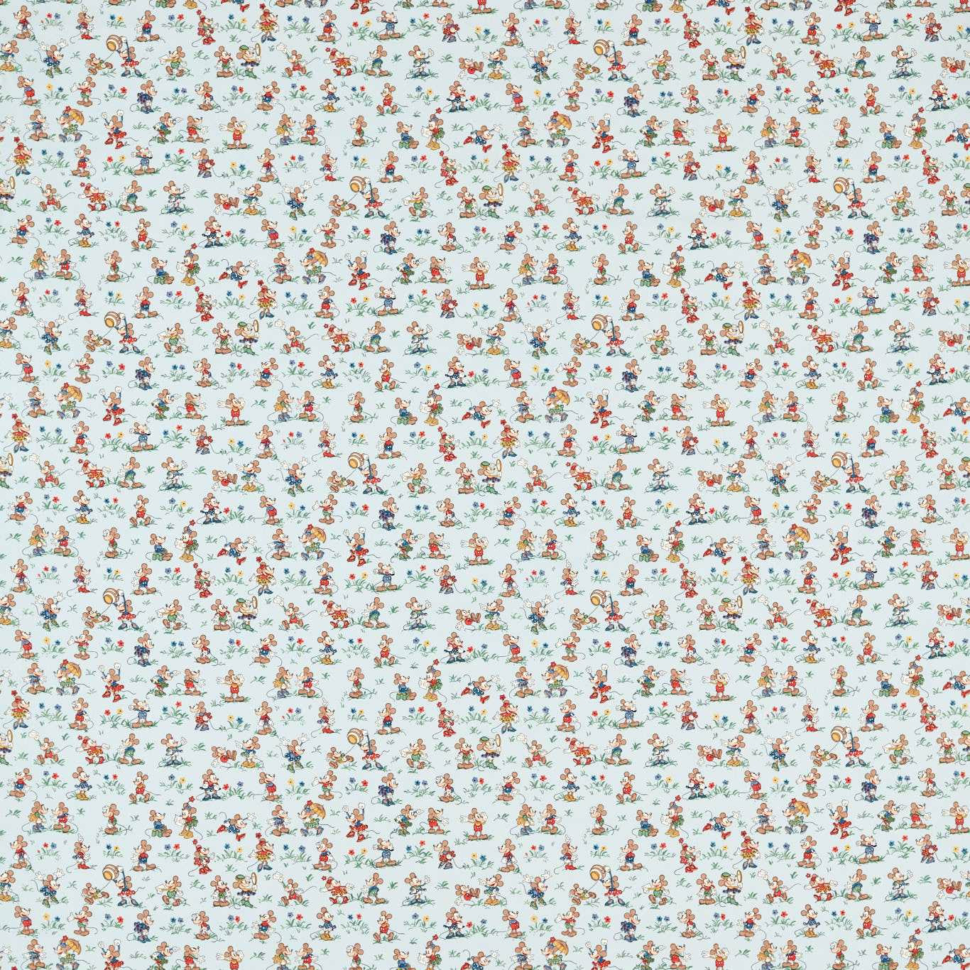 Light bonbon blue fabric scattered with tiny Mickey and Minnie character motifs
