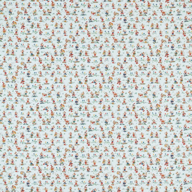 Light bonbon blue fabric scattered with tiny Mickey and Minnie character motifs