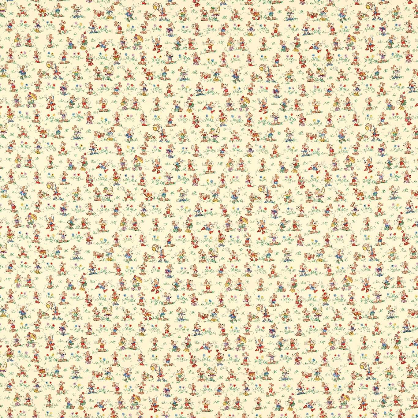 Cream fabric covered in tiny Mickey and Minnie motifs with scattered floral sprigs