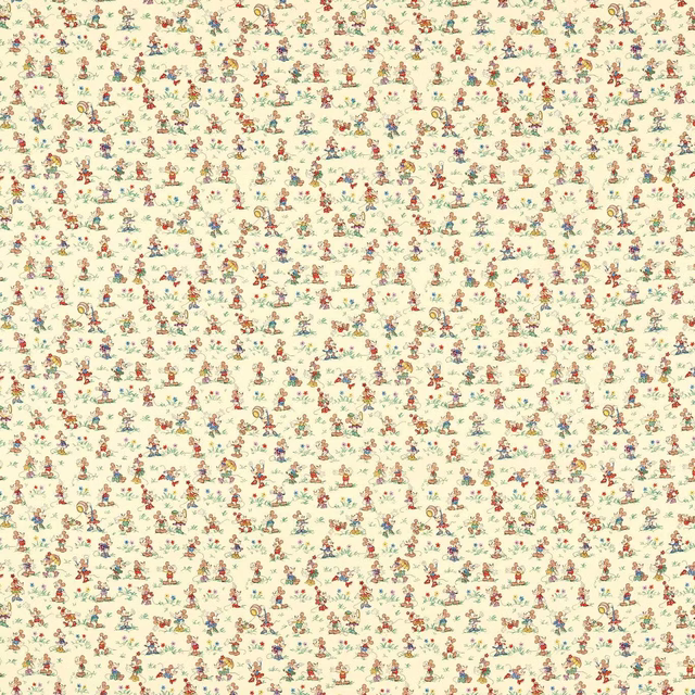 Cream fabric covered in tiny Mickey and Minnie motifs with scattered floral sprigs