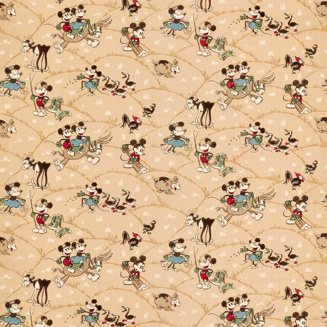 Butterscotch beige Disney farm print with Mickey and animals on a woven fabric swatch