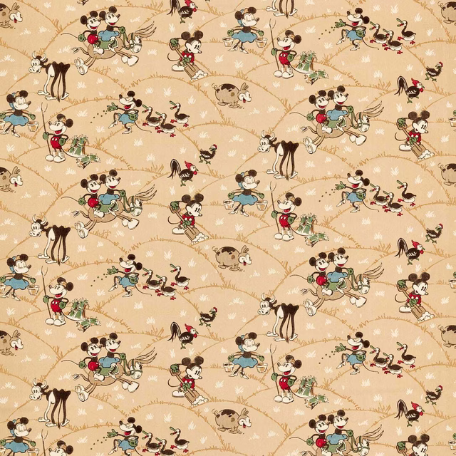 Butterscotch beige Disney farm print with Mickey and animals on a woven fabric swatch