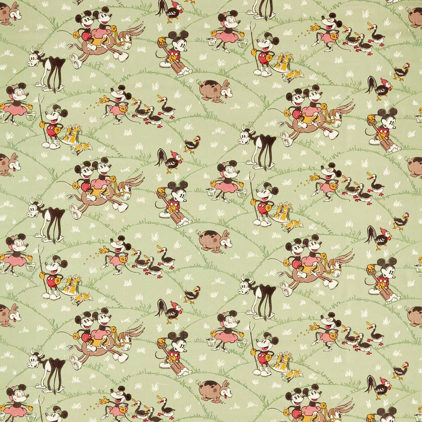 Disney Mickey and friends farmyard print on soft macaron green fabric