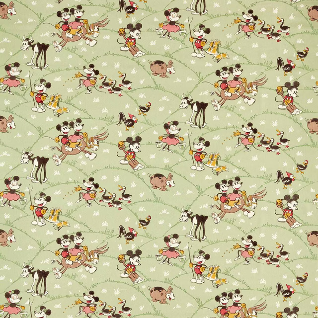 Disney Mickey and friends farmyard print on soft macaron green fabric