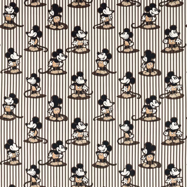 Cream fabric with black pinstripes and scattered Mickey Mouse figures