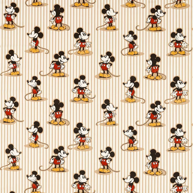 Cream and peanut vertical stripes with scattered Mickey Mouse figures