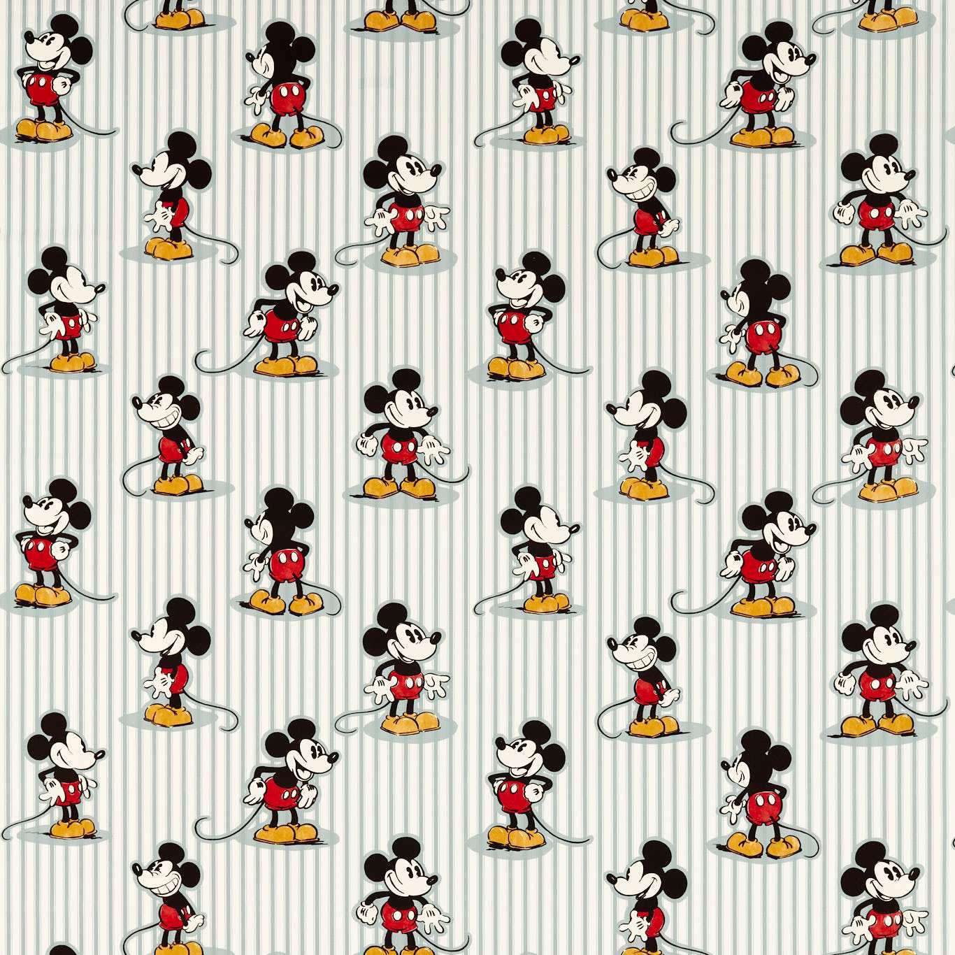Mickey Mouse motif on pale sea-salt striped fabric with fine vertical lines