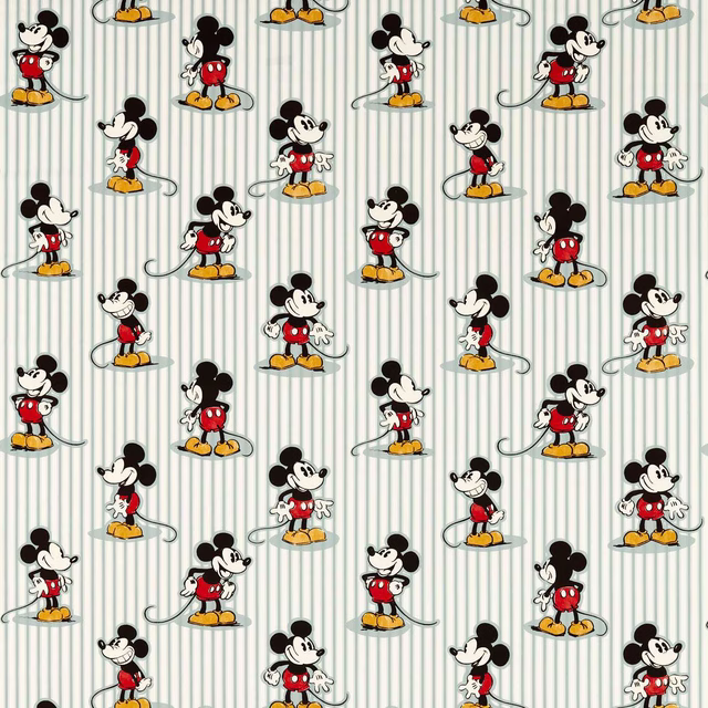 Mickey Mouse motif on pale sea-salt striped fabric with fine vertical lines