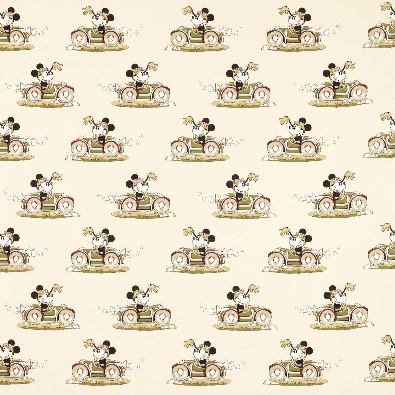 Cream printed fabric with Mickey driving cars in a neat repeating motif