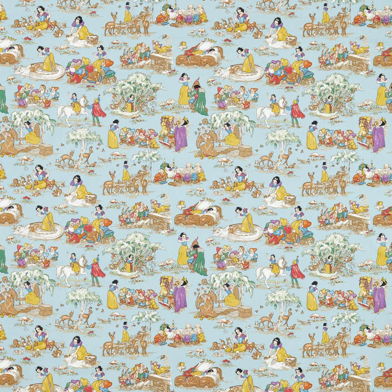 Disney Snow White print on pale icy blue fabric with colourful figures and woodland scenes