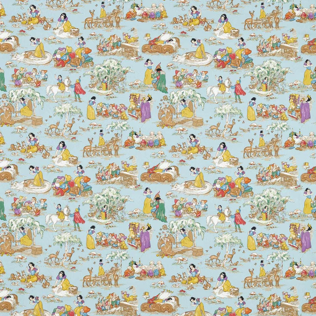 Disney Snow White print on pale icy blue fabric with colourful figures and woodland scenes