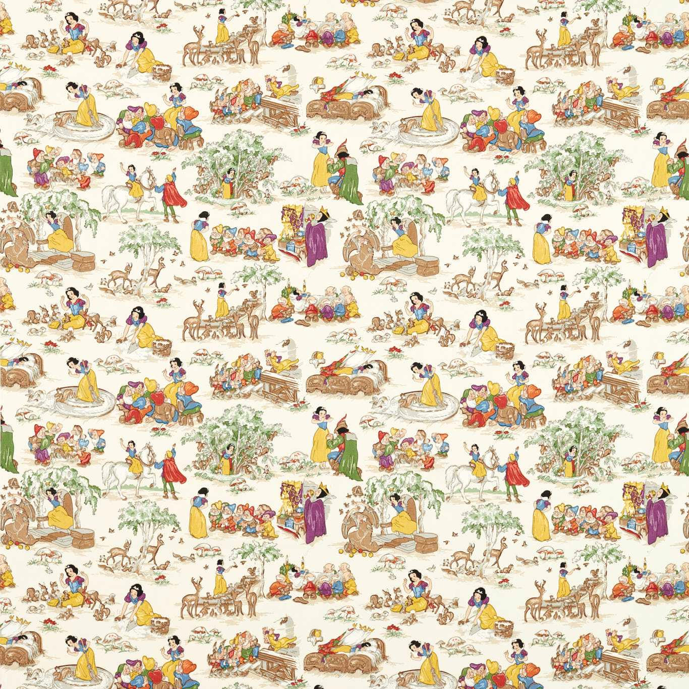 Disney Snow White scene print on whipped cream ground with colourful woodland vignettes