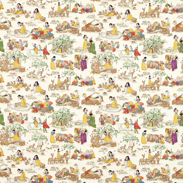 Disney Snow White scene print on whipped cream ground with colourful woodland vignettes