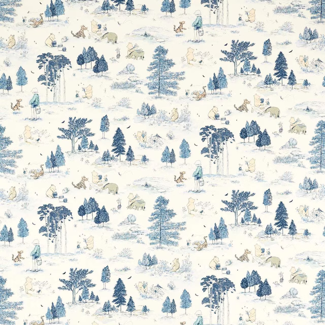 Powder blue Winnie the Pooh woodland print on a warm ivory ground