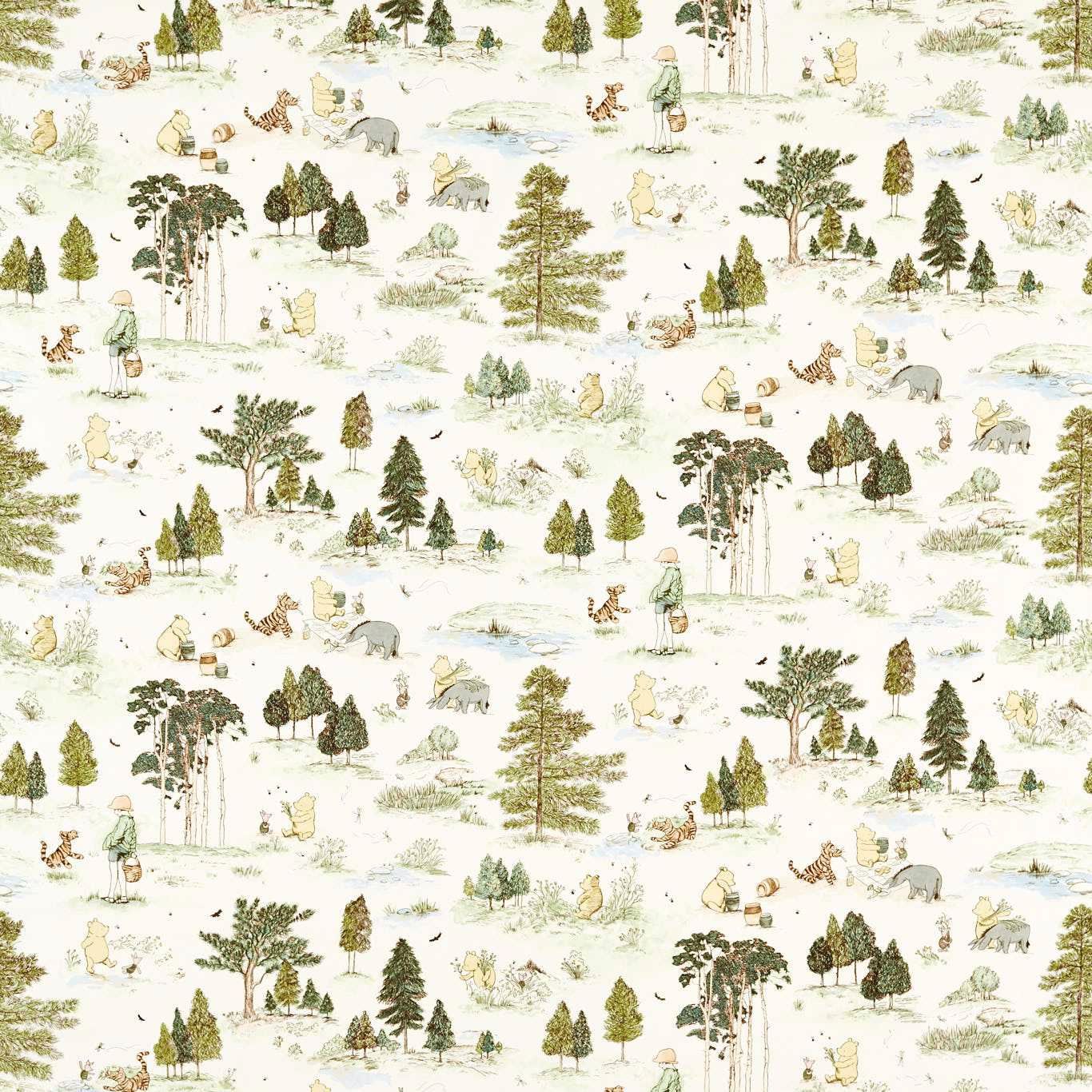 Woodland Winnie the Pooh print on a cream ground with soft green trees and figures