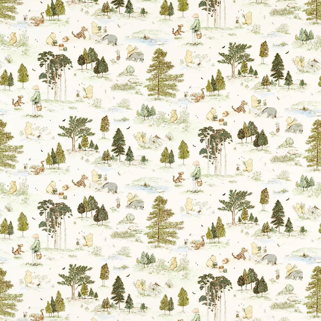 Woodland Winnie the Pooh print on a cream ground with soft green trees and figures