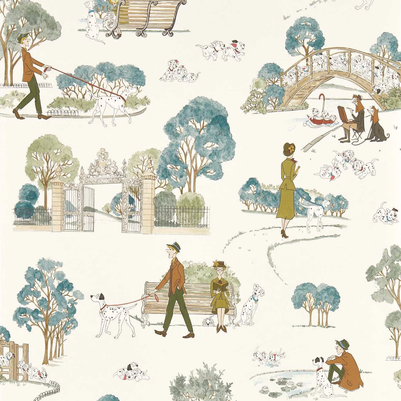 Cream wallpaper with blue-green trees, spotted dogs, figures and illustrated garden scenes
