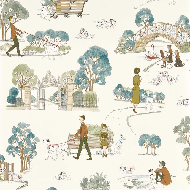 Cream wallpaper with blue-green trees, spotted dogs, figures and illustrated garden scenes