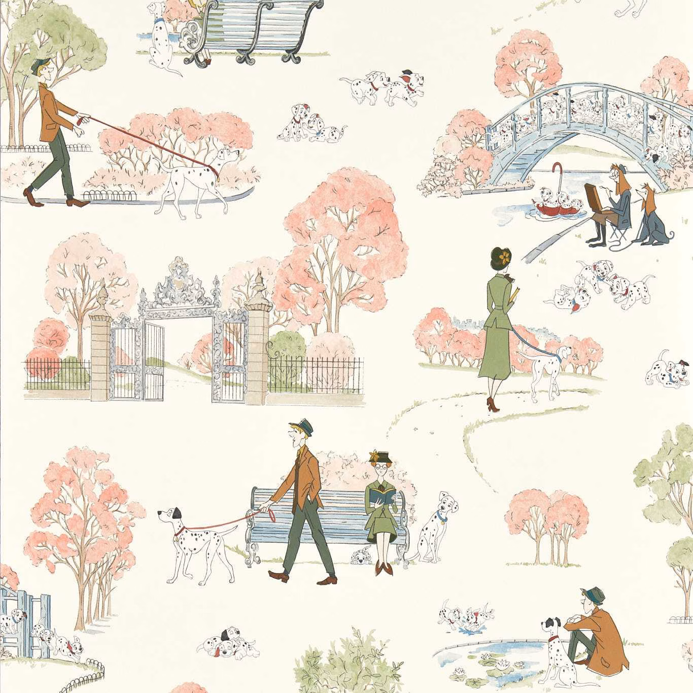 Cream wallpaper with blush trees, Dalmatian dogs and illustrated park scenes