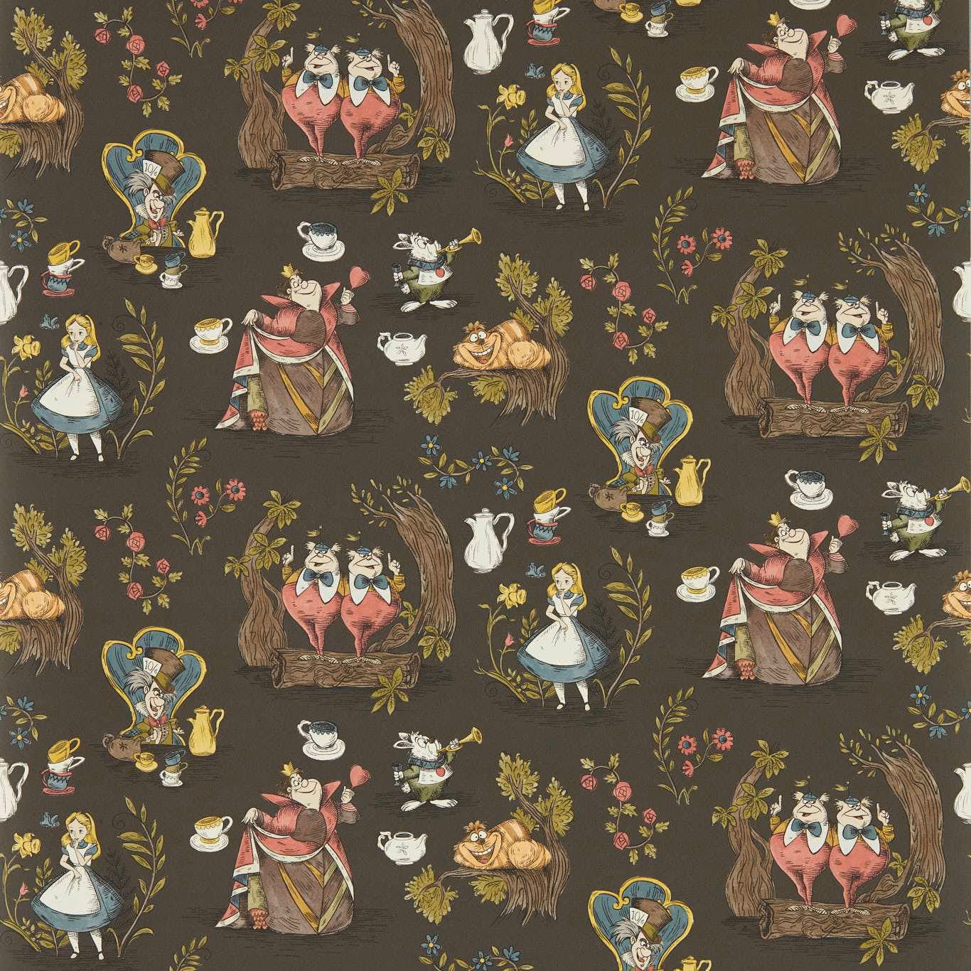Chocolate-brown Alice in Wonderland wallpaper with storybook figures, teacups, foliage and florals