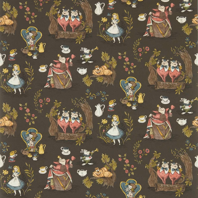 Chocolate-brown Alice in Wonderland wallpaper with storybook figures, teacups, foliage and florals
