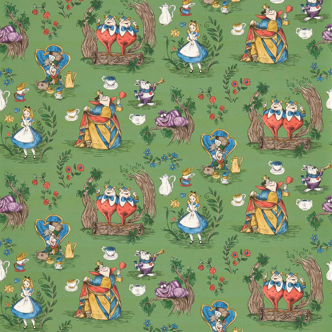 Gumball-green Alice in Wonderland wallpaper with Alice, teacups, roses and storybook figures