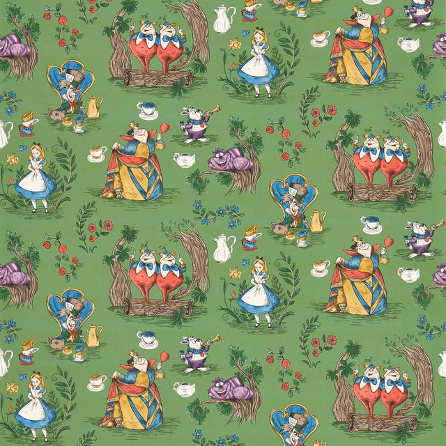 Gumball-green Alice in Wonderland wallpaper with Alice, teacups, roses and storybook figures