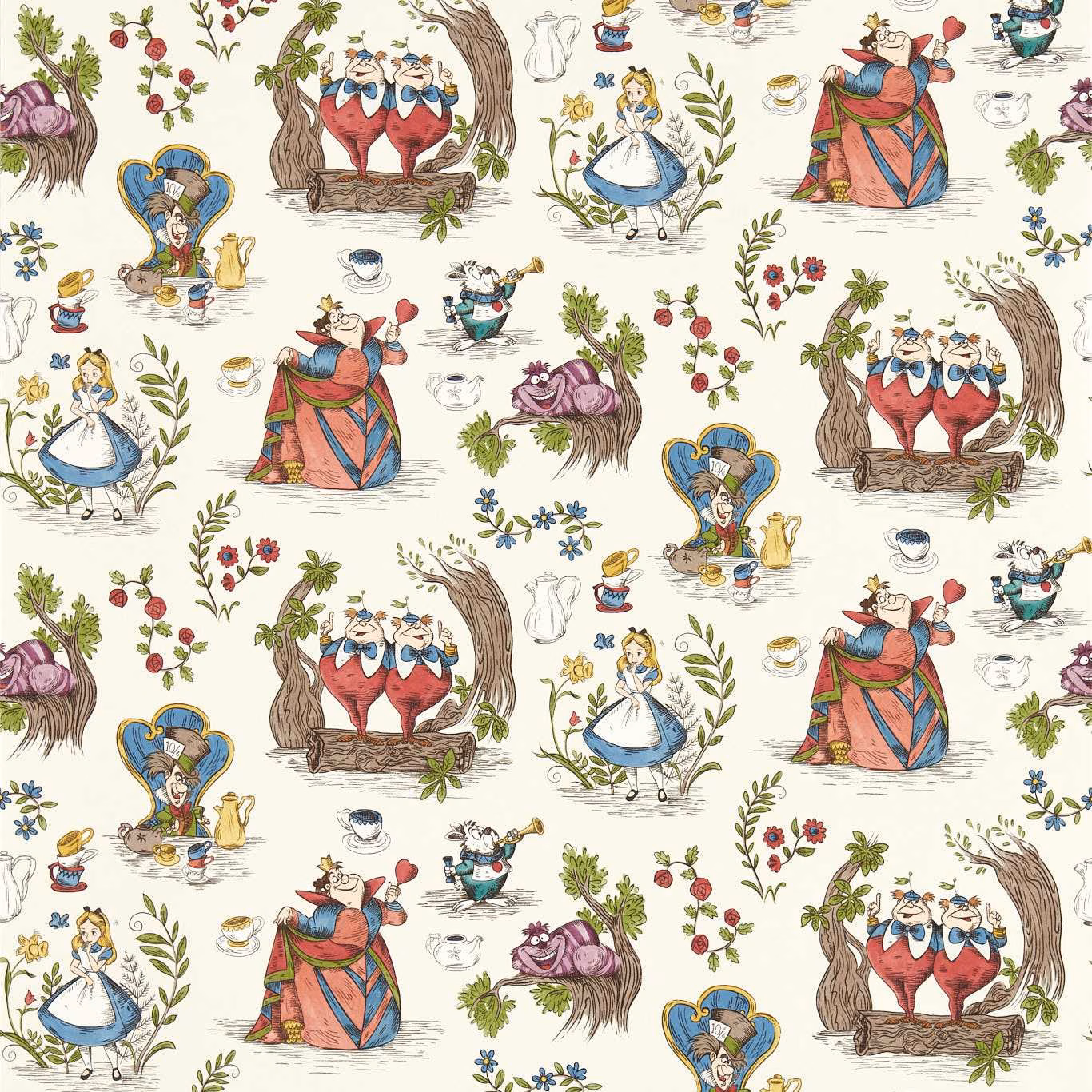 Warm ivory wallpaper with Alice, tea-party characters, berries and colourful botanical scenes