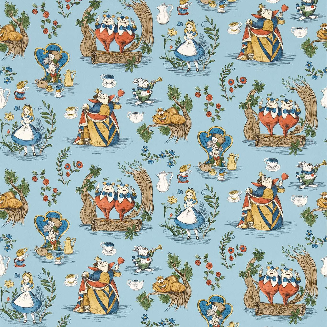 Puddle blue Alice wallpaper with storybook characters, teacups, berries and leafy branches