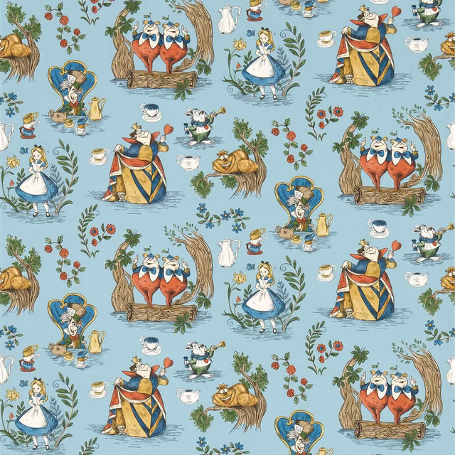 Puddle blue Alice wallpaper with storybook characters, teacups, berries and leafy branches