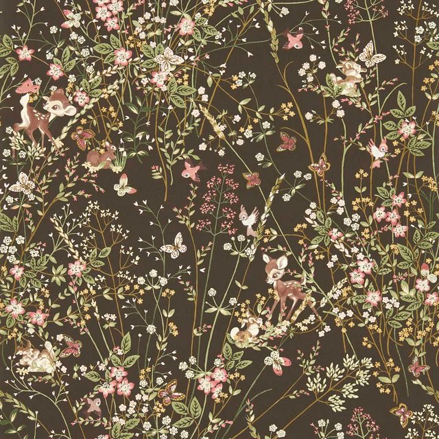 Deep chocolate wallpaper with deer, pink blossoms and climbing woodland florals