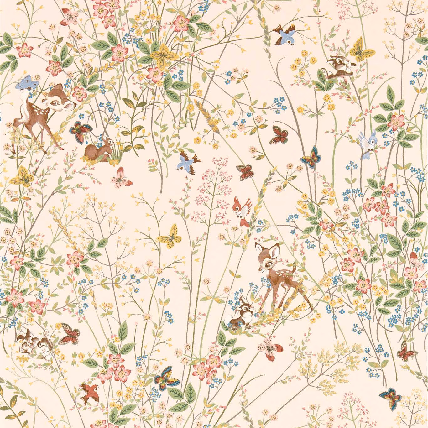 Blush cream wallpaper with deer, birds, butterflies and delicate wildflower branches
