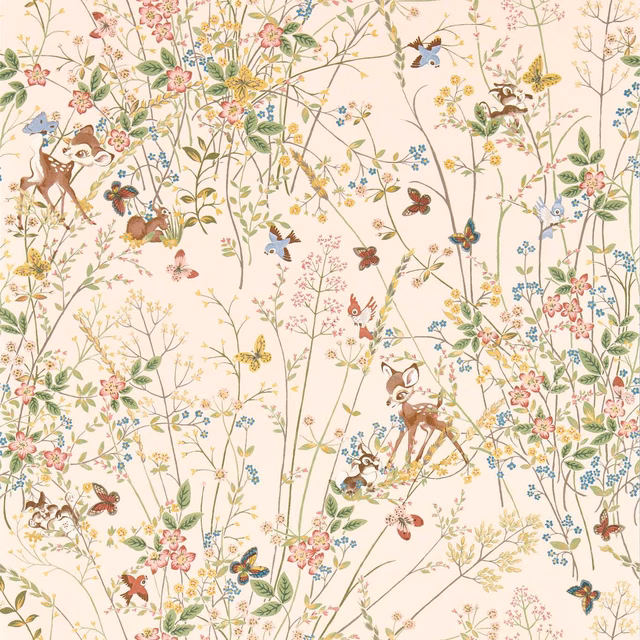 Blush cream wallpaper with deer, birds, butterflies and delicate wildflower branches